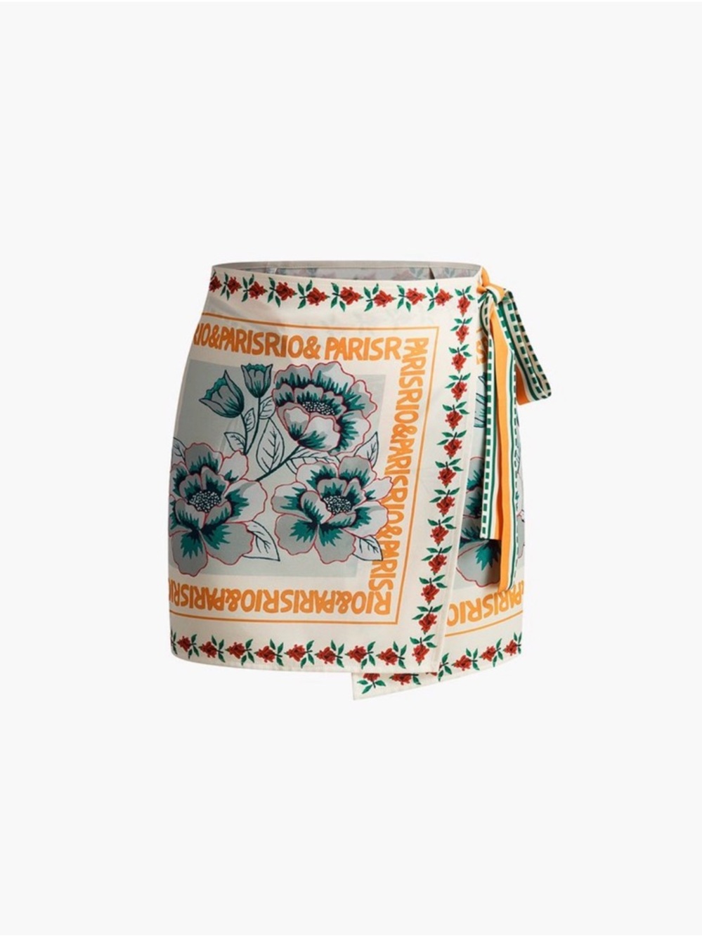 Commense Cream Wrap Mini Skirt with Teal Floral & Orange Trim